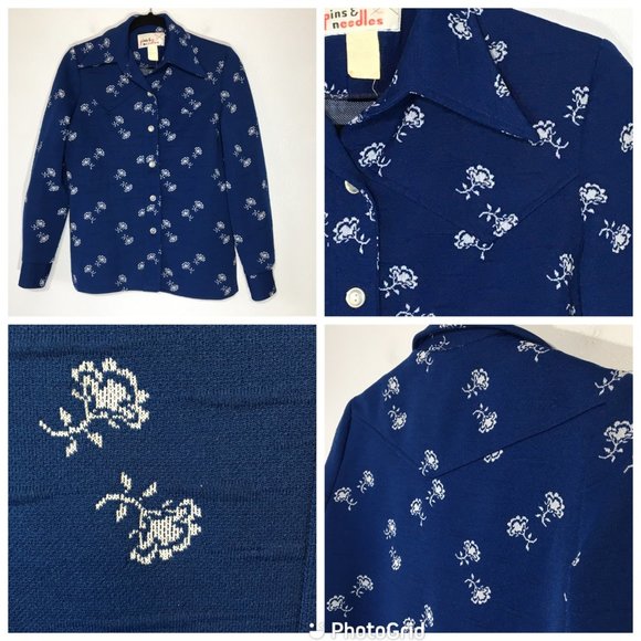 Vintage 70s Blue Button Front Jacket, Pointy Dagger Collar Western Style Floral - Picture 1 of 16